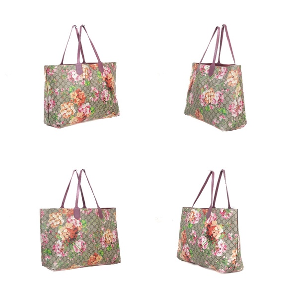 Gucci Reversible GG Supreme Blooms Canvas and Leather Tote Bag – Pink Floral Pri - Picture 10 of 11